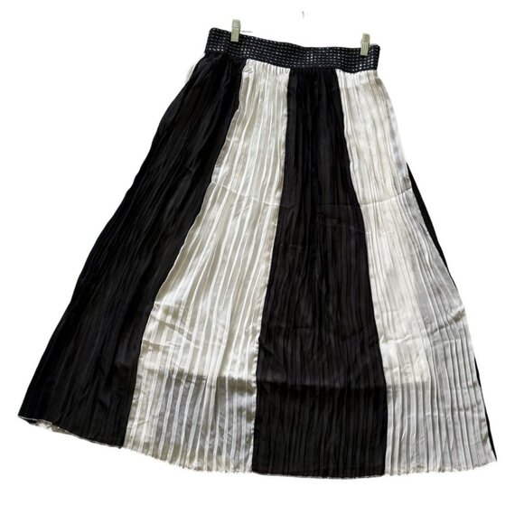 Magic Black Ivory Pleated Sheer Midi Skirt Silver Metallic Thread Elastic Waist - Picture 2 of 7